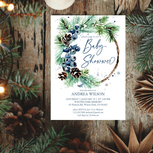 Invitación Los pinos nevados de la lluvia de invierno eran po (Winter baby shower snowy pine wreath editable template invitation digital download  dusty blue )