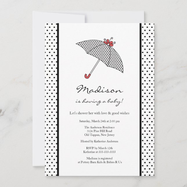Invitación Los puntos de polka blanco y negro de Baby Shower (Anverso)