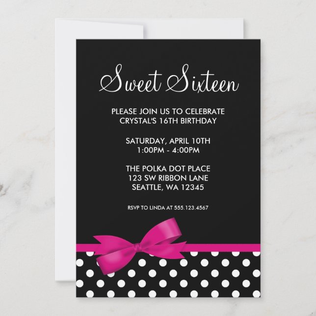 Invitación Los puntos de polka rosa y negra se hacen dulces 1 (Anverso)