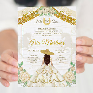 Invitación Los Rosas de marfil y oro invitan a mis quinceañer