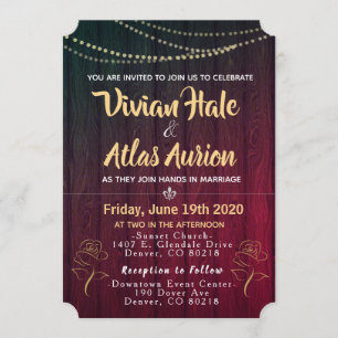 Invitación Los rosas de oro elegantes rojos y la boda negra