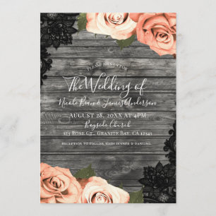 Invitación Los Rosas Gris Rústica Madera Negro Boda
