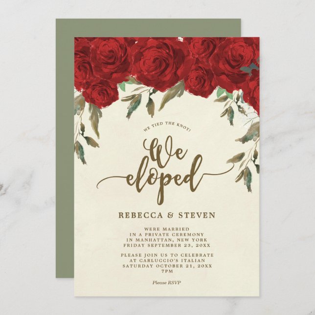 Invitación los rosas rojos de marfil modernos eloped (Anverso / Reverso)