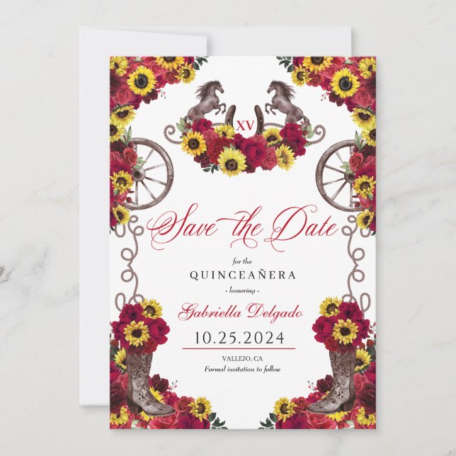 Invitación Los Sunflower Roses Rojos Salvan La Fecha Quinceañ (Anverso)