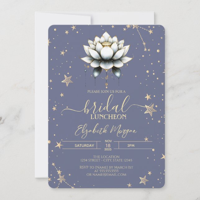 Invitación Loto Blanco Estrellas Celestiales Pastel Lavanda N (Anverso)