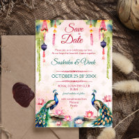Loto de pavo real Boda india salvar la fecha