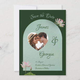 Invitación Loto verde y rosa suave minimalista salve la fecha