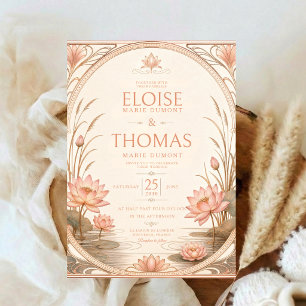 Invitación Lotus Art Nouveau Rosa Claro Bodas Nenúfar