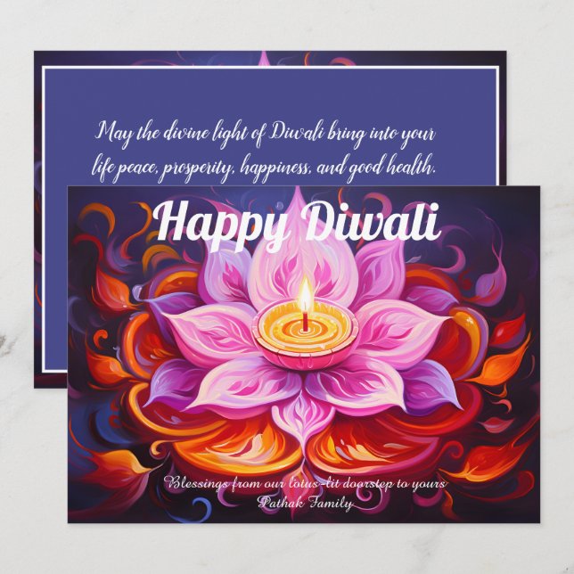 Invitación Lotus Lantern Light Diwali Card (Anverso / Reverso)