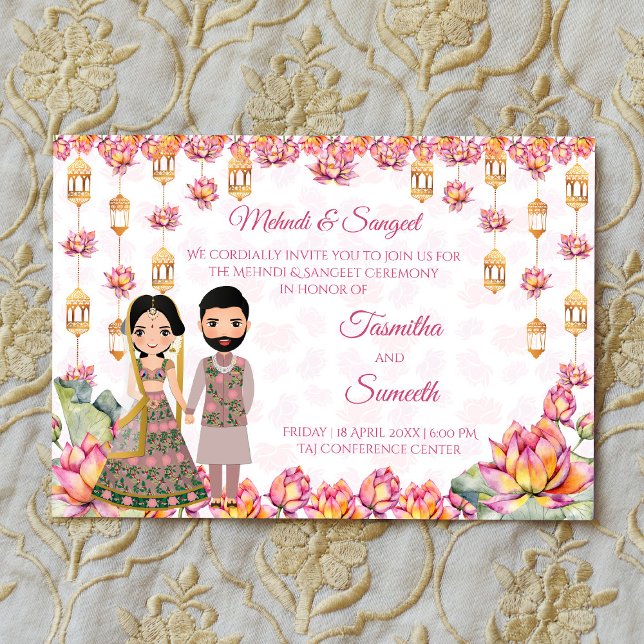 Invitación Lotus lanterns boda indio mehndi sangeet (Lotus lanterns Indian wedding mehndi sangeet Invitation editable template instant digital download)