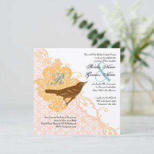 Invitación Love Bird Pink Apricot, Robin Egg Blue Damask