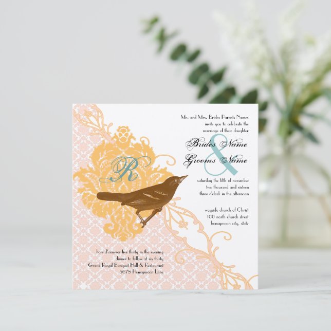 Invitación Love Bird Pink Apricot, Robin Egg Blue Damask  (Anverso de pie)