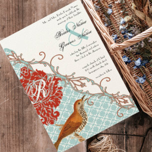 Invitación Love Bird Red (más rojo) Endive Damask Wedding