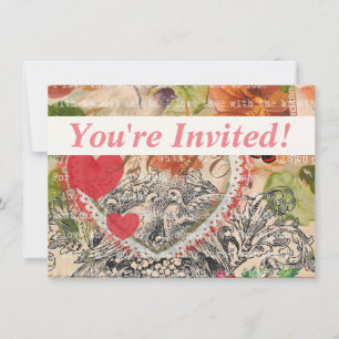 Invitación Love Birds Heart Red Art Collage