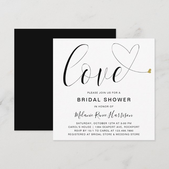 Invitación Love Gold Heart Black White Modern Bridal Shower (Anverso / Reverso)
