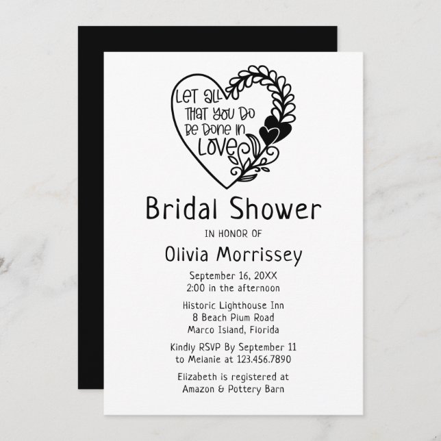 Invitación Love Heart Black White Typography Shower (Anverso / Reverso)