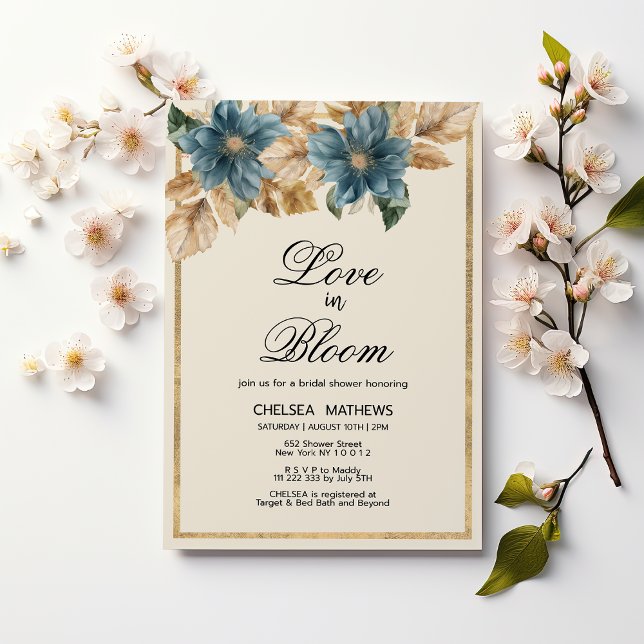 Invitación Love In Bloom azul gold floral Bridal Shower (Love In Bloom blue gold floral Bridal Shower)