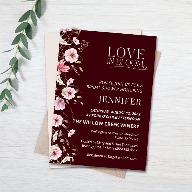 Invitación Love in Bloom Burgundy Floral Bridal Shower  (Subido por el creador)