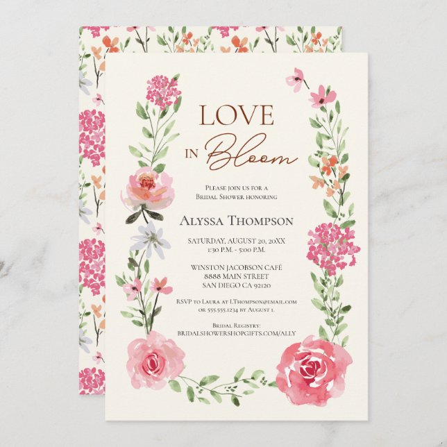 Invitación LOVE in Bloom Flower Garden temática Bridal Shower (Anverso / Reverso)
