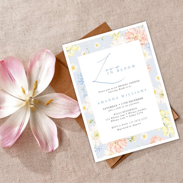 Invitación Love in bloom Modern Blue Flowers Bridal Shower   (Subido por el creador)