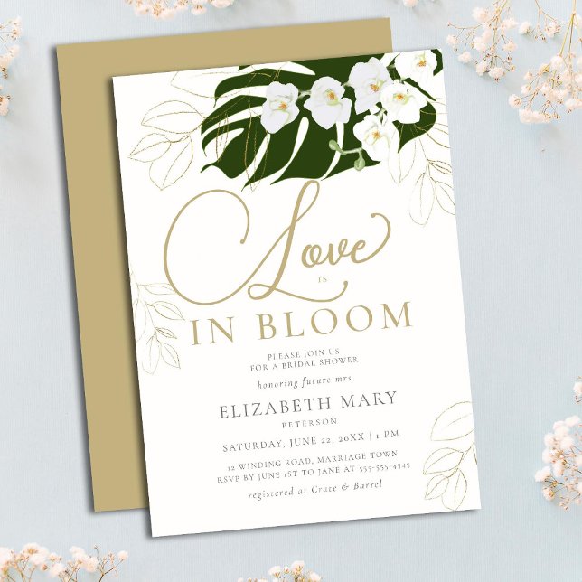 Invitación  Love in Bloom Orchids Tropical Gold Bridal Shower (Subido por el creador)