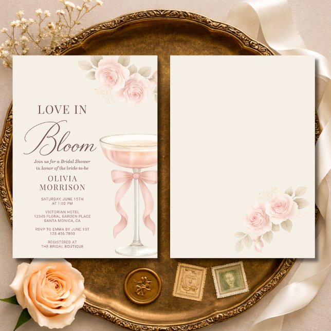 Invitación Love in Bloom Pink Champagne Bow Bridal Shower (Subido por el creador)