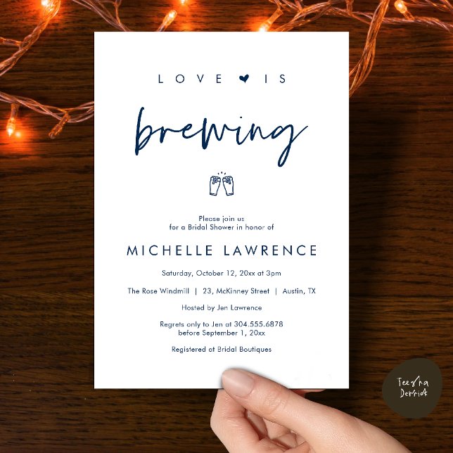 Invitación Love is brewing, Beer Party,  Bridal Shower (Love is brewing, Beer Party, Bridal Shower Invites card, booze love laughter, in navy blue)
