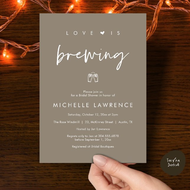 Invitación Love is brewing, Beer Party,  Bridal Shower (Love is brewing, Beer Party, Bridal Shower Invites card, booze love laughter, in warm taupe brown)