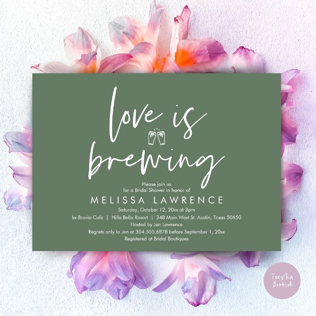 Invitación Love is brewing, Beer Party Bridal Shower (Love is brewing, Beer Party Bridal Shower Invitation Card, PDF, in Sage Green)