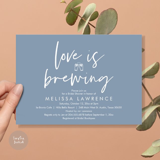 Invitación Love is brewing, Beer Party Bridal Shower (Love is brewing, Beer Party Bridal Shower Invitation Card, PDF, in Dusty Blue)