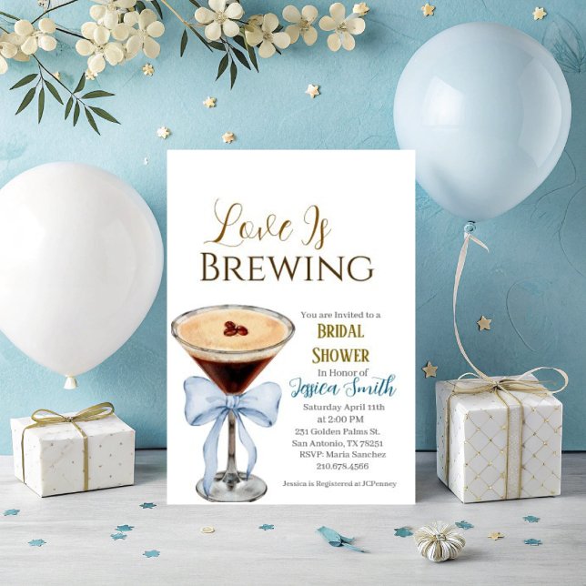 Invitación Love is Brewing Blue Bridal Shower Invitation  (Love is Brewing bridal shower invitation. )