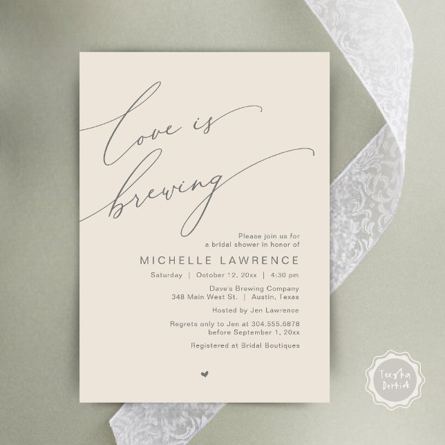 Invitación Love is Brewing, Bridal Shower Party Celebration (Love is Brewing, Bridal Shower Party Beer Wine Tasting Romantic Invites Card Charm Cream Grey)
