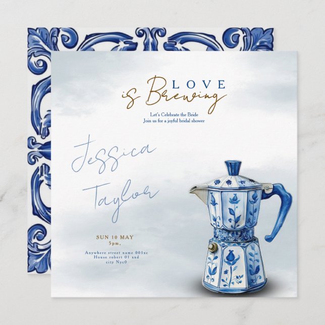 Invitación Love is Brewing Chinoiserie blue Bridal Shower Inv (Anverso / Reverso)