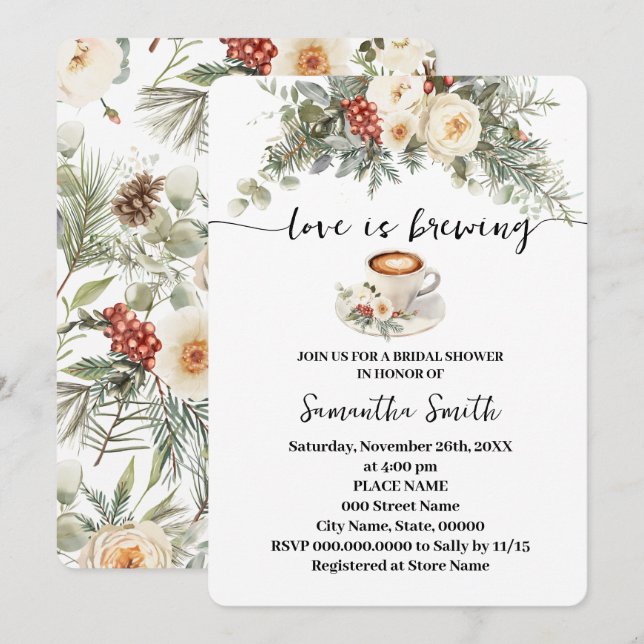 Invitación Love is Brewing Winter Bridal Shower Coffee (Anverso / Reverso)
