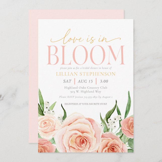 Invitación Love Is In Bloom Blush Pink Floral Bridal Shower (Anverso / Reverso)