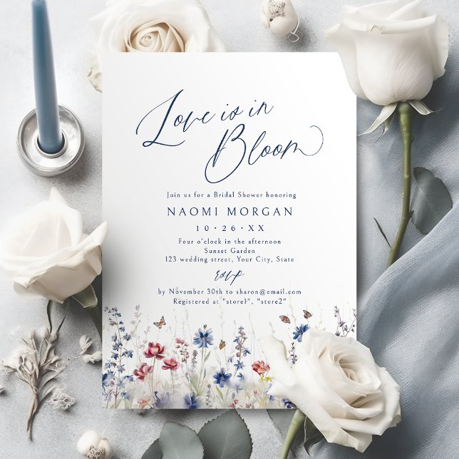 Invitación Love is in Bloom Navy Wildflower Bridal Shower (Love is in Bloom Navy Wildflower Bridal Shower Invitation)