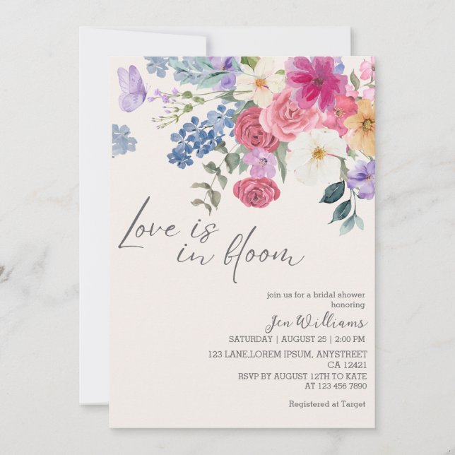Invitación Love is in bloom spring floral bridal shower (Anverso)