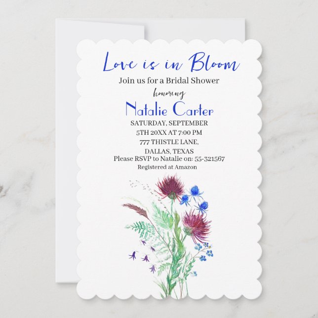 Invitación Love is in Bloom Thistle Floral Bridal Shower  (Anverso)