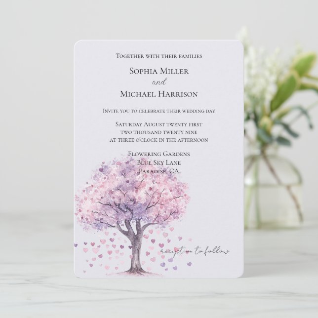 Invitación Love is in the air Lavender Hearts Tree Wedding (Anverso de pie)