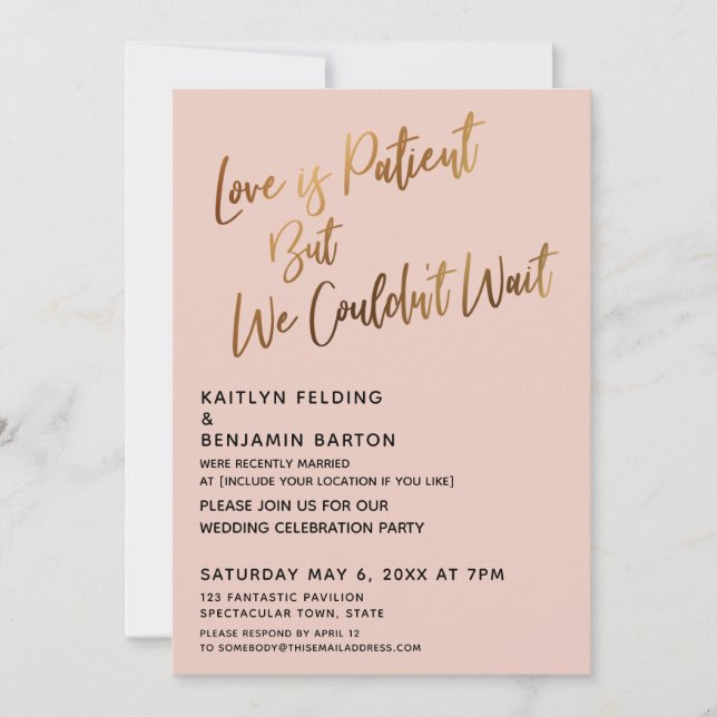 Invitación Love is Patient But We Couldn't Wait Gold & Blush (Anverso)