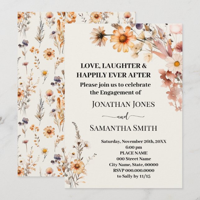 Invitación Love Laughter Engagement Fall Wildflowers (Anverso / Reverso)