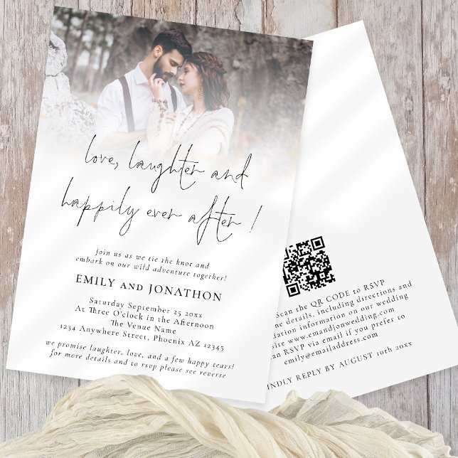 Invitación Love Laughter Siempre Después De Que QR Photo Boda (Front and back view. Available digitally and printed. Part of a large matching wedding suite)