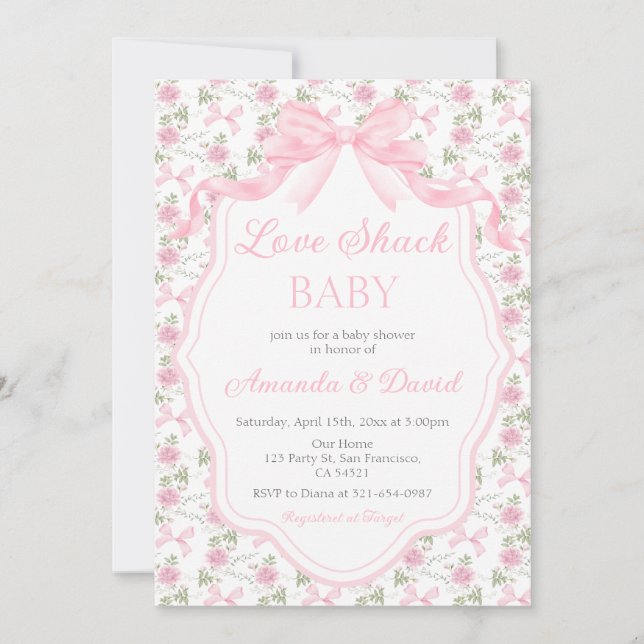 Invitación  Love Shack Baby Pink Bow Baby Shower Girl (Anverso)