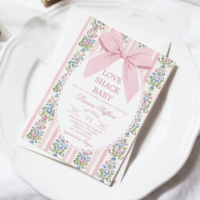 Invitación Love Shack Baby Pink Bow Floral Baby Shower (Subido por el creador)