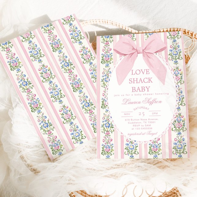 Invitación Love Shack Baby Pink Bow Floral Baby Shower (Subido por el creador)