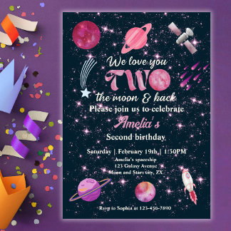 Invitación Love You Two The Moon Girls Pink 2nd Birthday