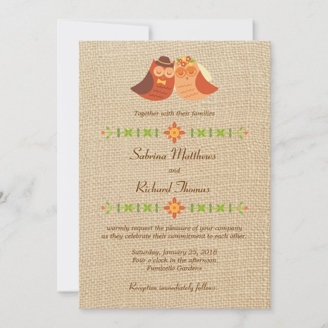 Invitación Lovebird Owls en el Boda Burlap (Anverso)