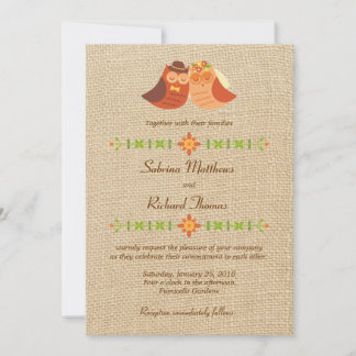 Invitación Lovebird Owls en el Boda Burlap
