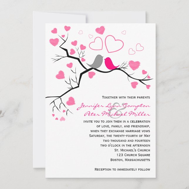 Invitación Lovebirds y corazones rosados, grises que casan la (Anverso)