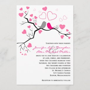 Invitación Lovebirds y corazones rosados, grises que casan la